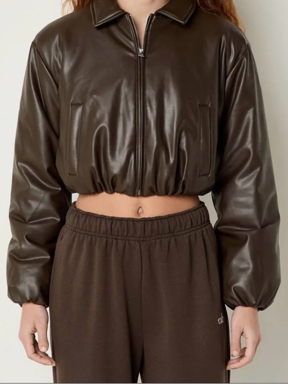 ALO Yoga Cropped Chocolate Brown Faux Leather Bomber Jacket (S)